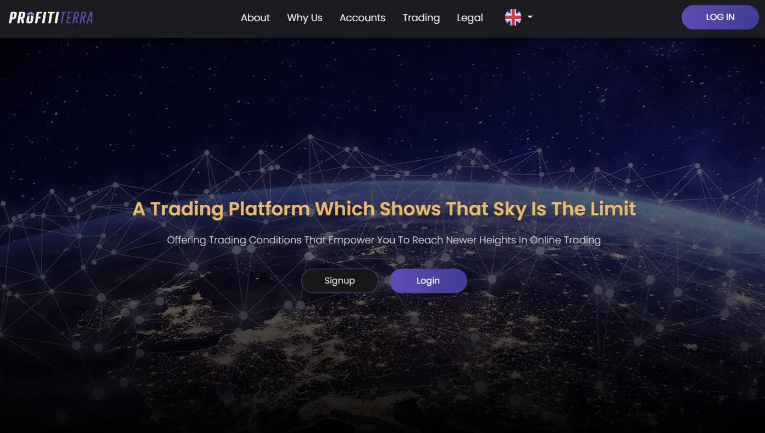 Screenshot of the fraudulent trading platform Profititerra, showcasing its misleading marketing.