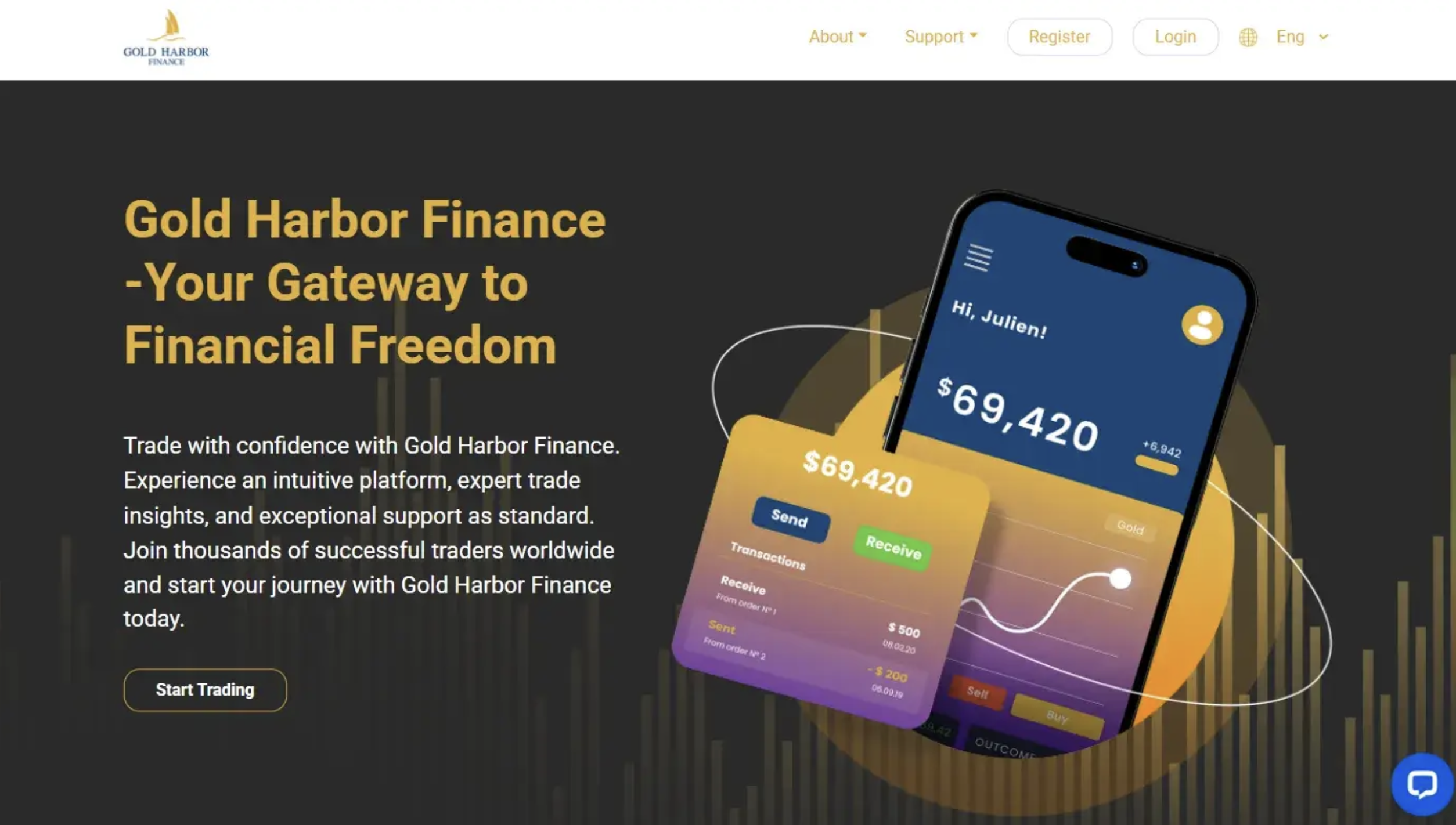 goldharborfinance Screenshot of the fraudulent trading platform Gold Harbor Finance, showcasing its misleading marketing.