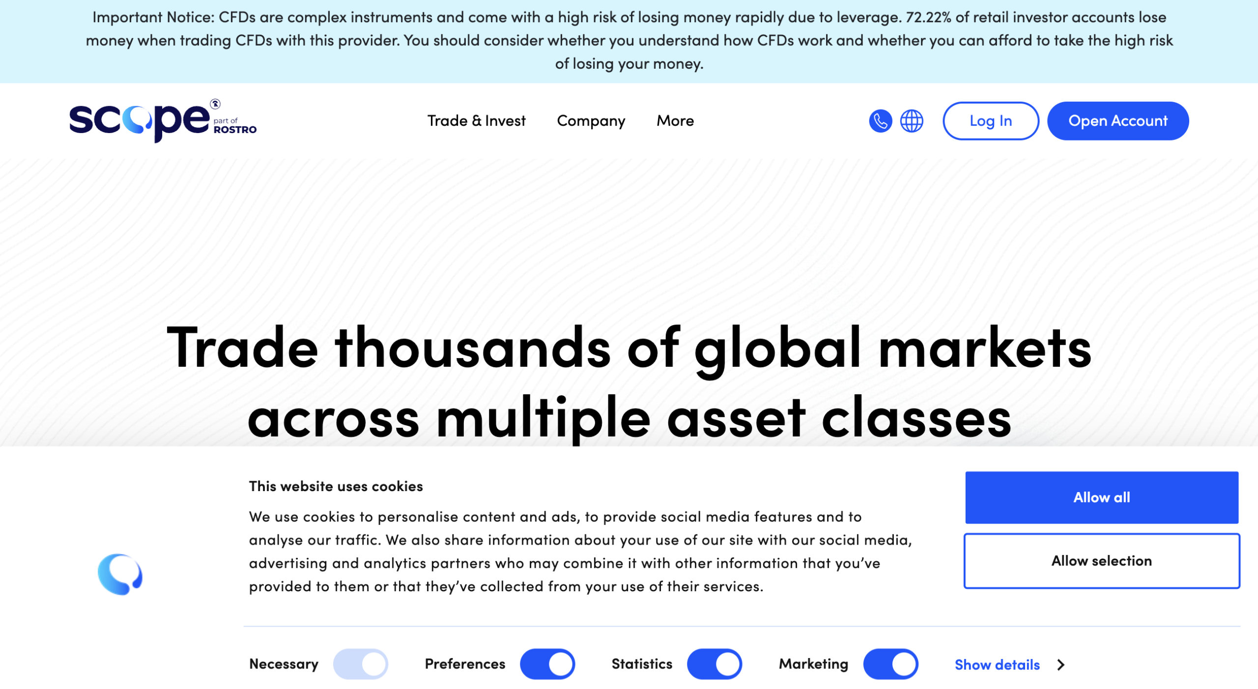 Screenshot of the fraudulent trading platform scopemarkets.eu, showcasing its misleading marketing.