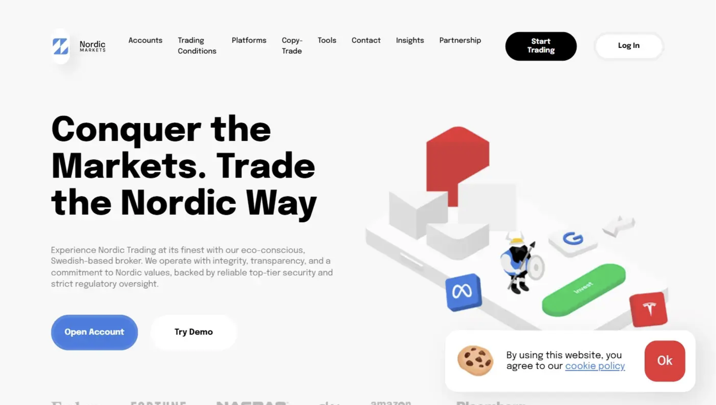Screenshot of NordicMarkets.com homepage showing trading platform interface with charts, highlighting risks and lack of transparency.