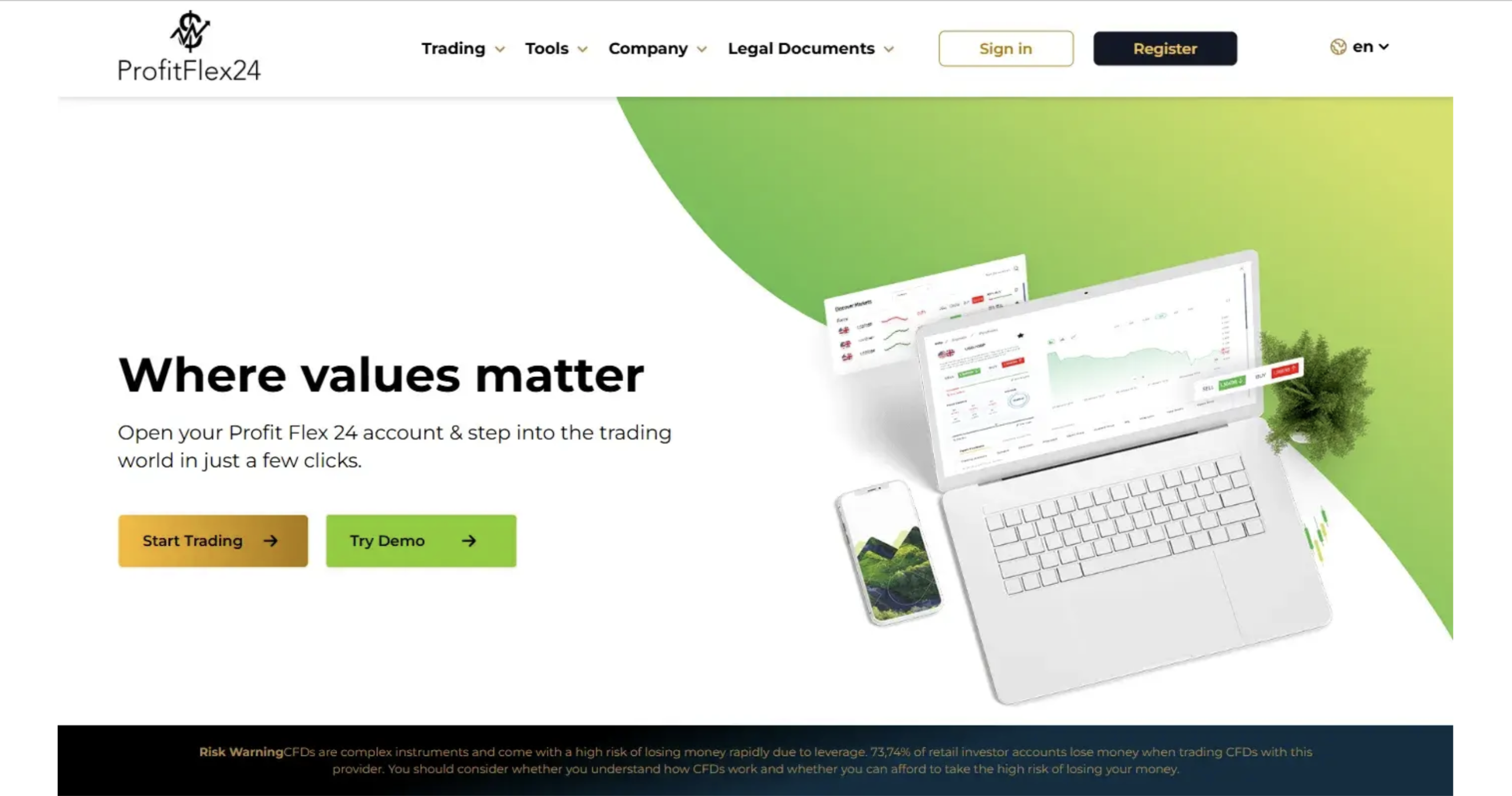 Screenshot of ProfitFlex24.com homepage showing investment offers and warnings about potential risks and lack of transparency.