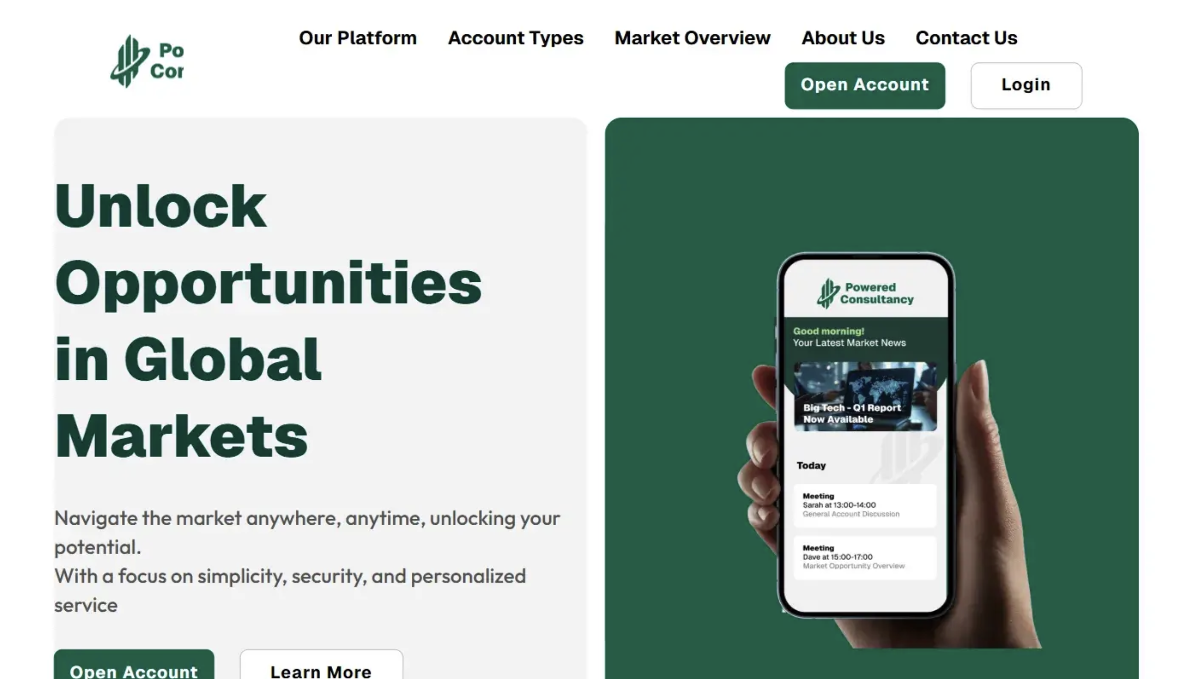 Screenshot of poweredconsultancygroup.com website showing financial services interface, highlighting concerns about transparency and user trust.