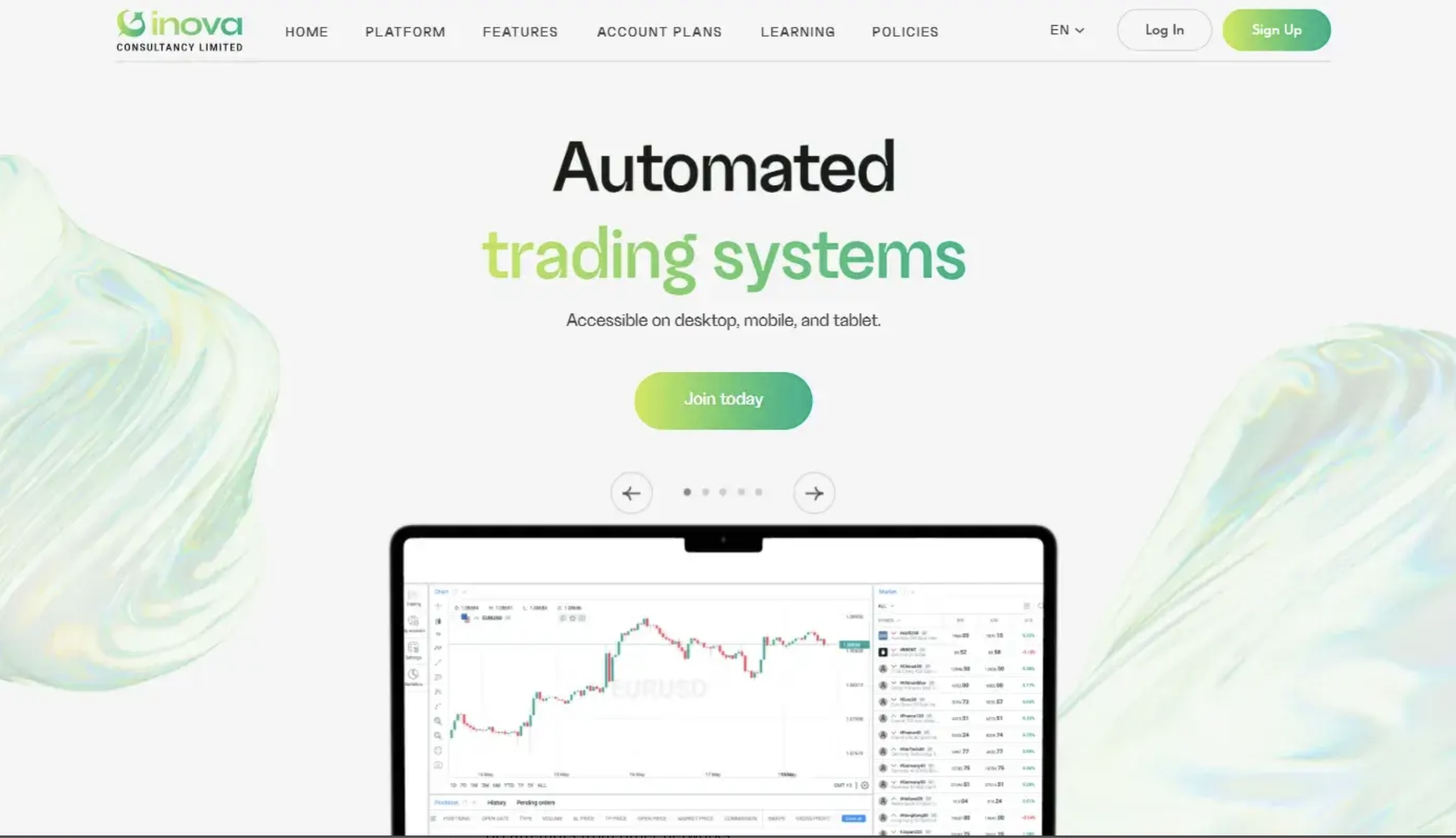 Screenshot of Inova-Limited.com.co homepage showing investment offers with unclear company details and suspicious promises.