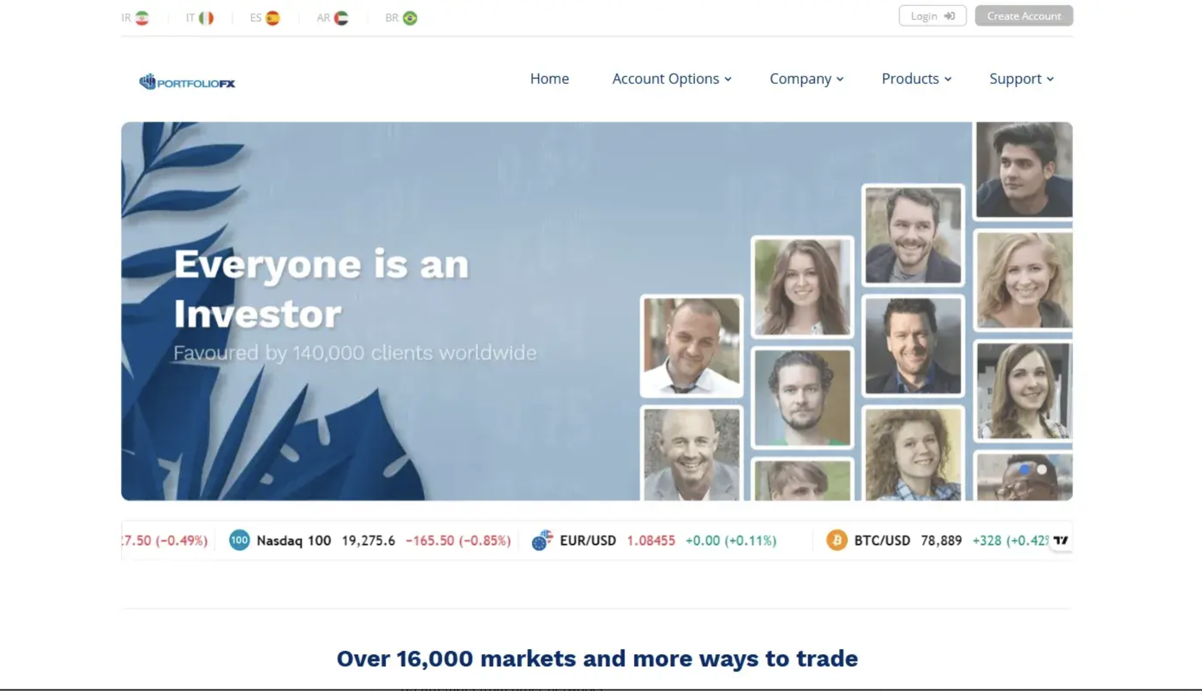 Screenshot of Portfolio-fx.com homepage showing investment offers with unclear company details and suspicious profit promises.