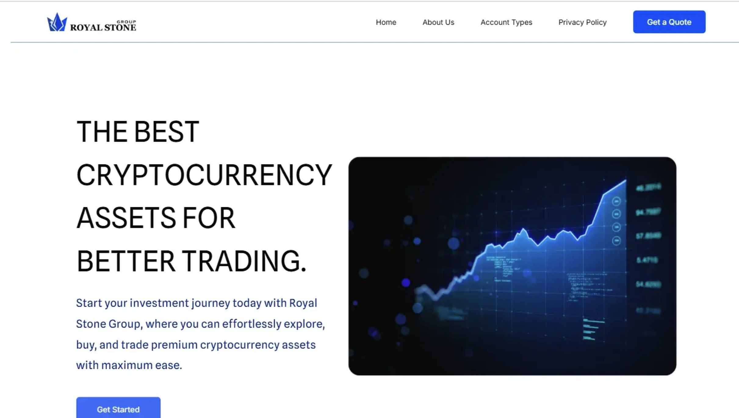 Screenshot of RoyalStone-Group.com homepage displaying trading dashboard with market charts and investment options on a computer screen.
