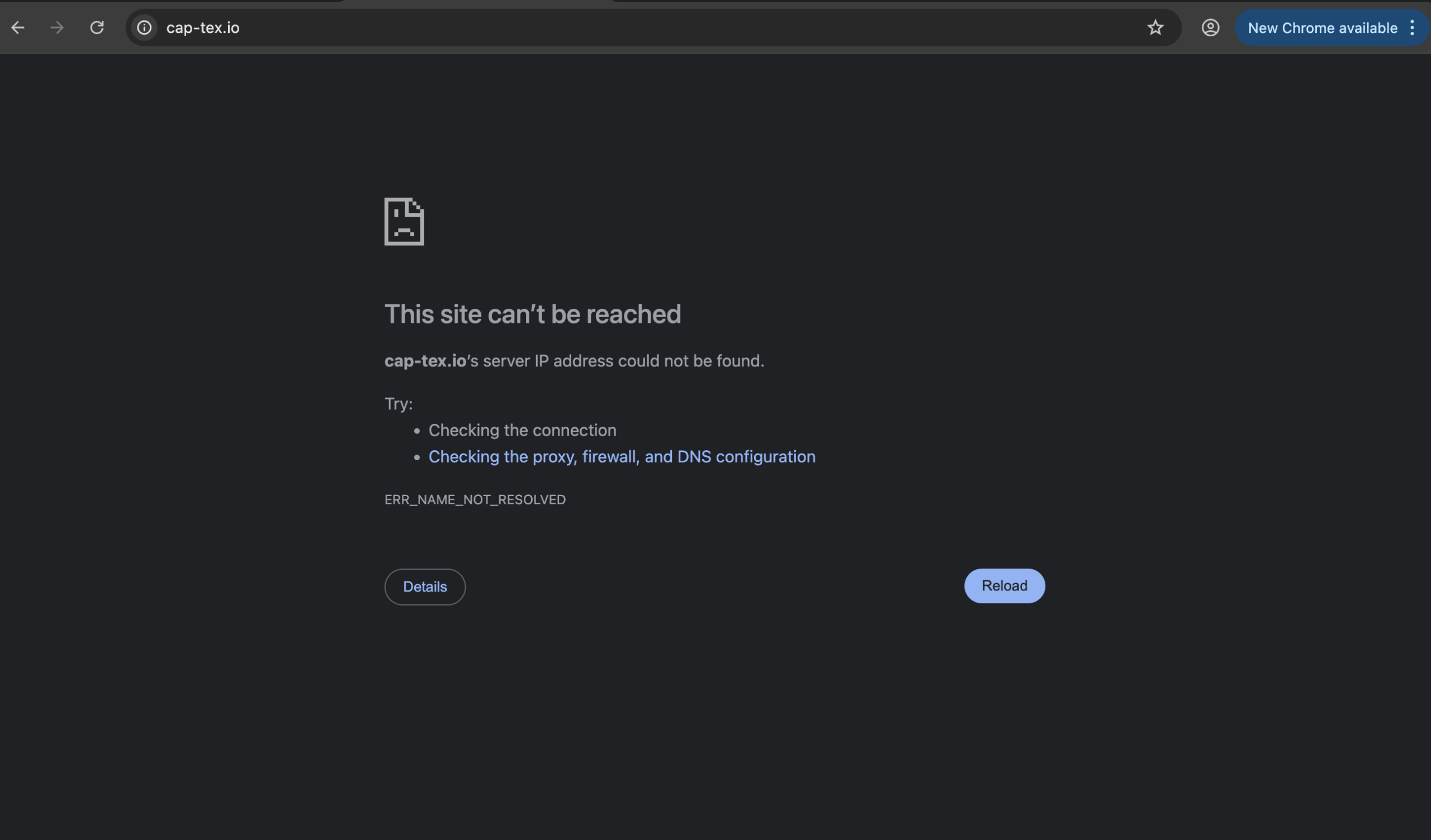 Cap-tex.io website screenshot with warning icon