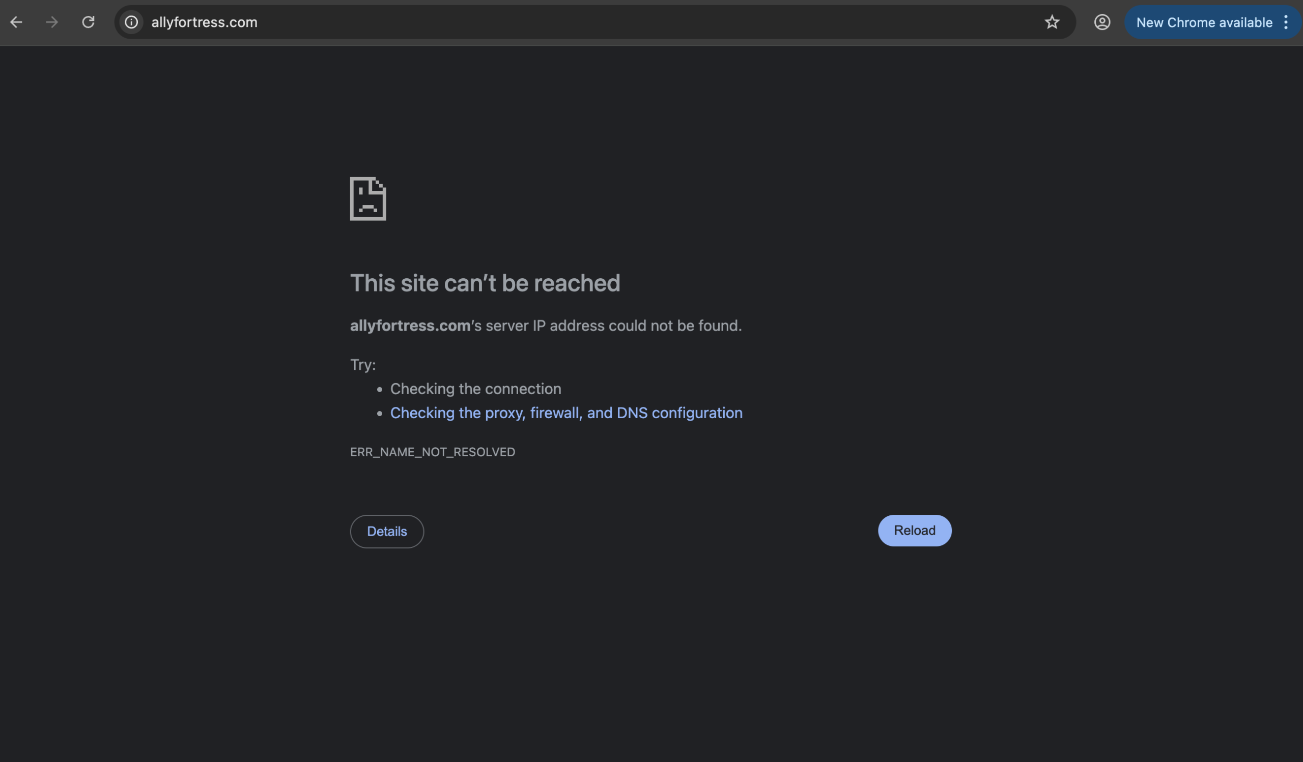 AllyFortress.com website homepage with caution warning icon
