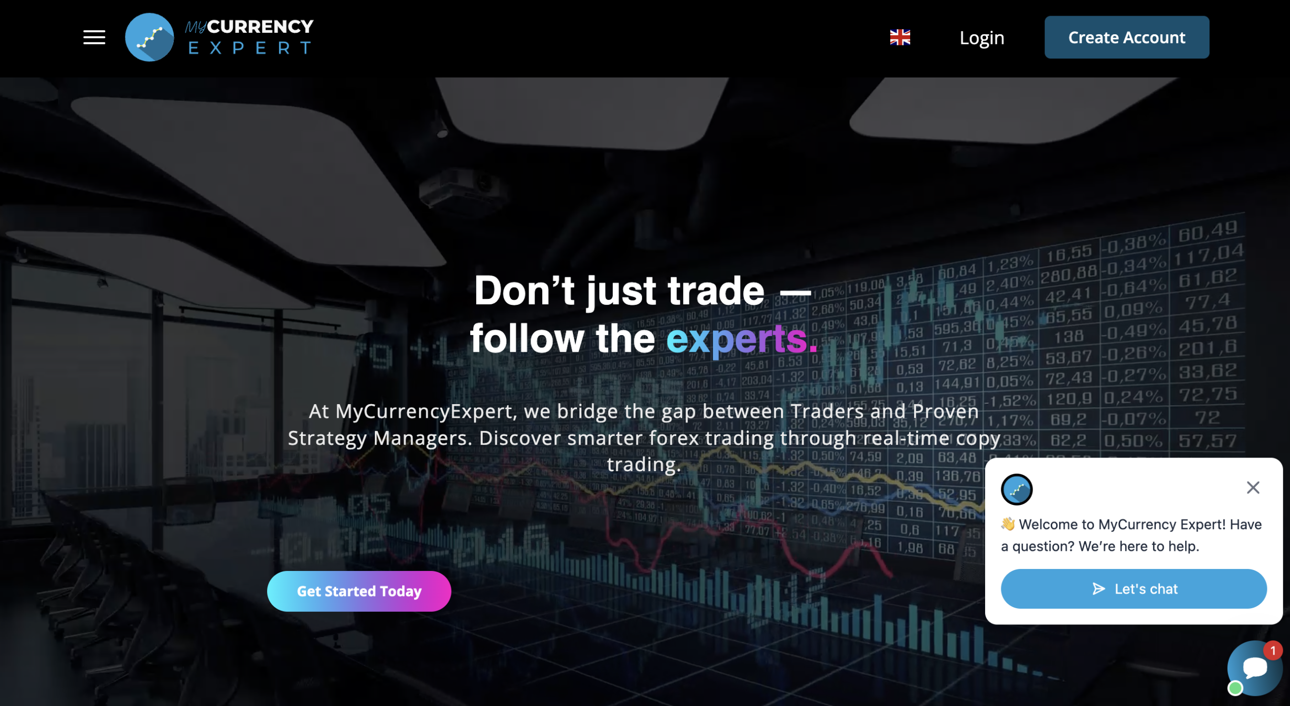 Screenshot of MyCurrencyExpert.com homepage, showcasing its design and flashy advertisements, with a warning symbol overlay.