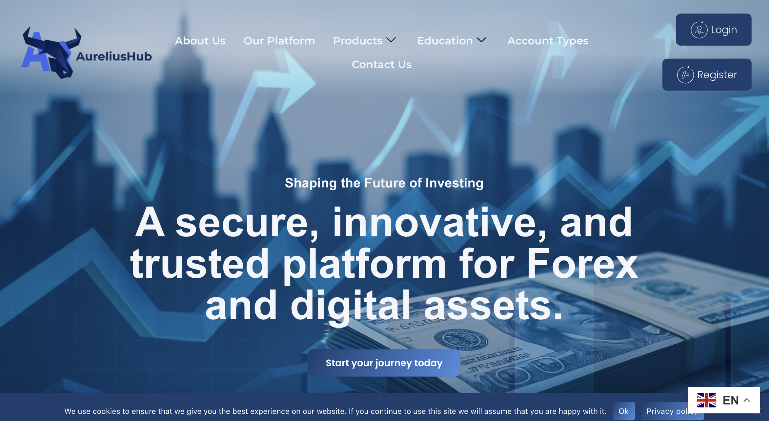 Screenshot of AureliusHub.com homepage, featuring promotional banners and investment options, with a caution symbol overlay.