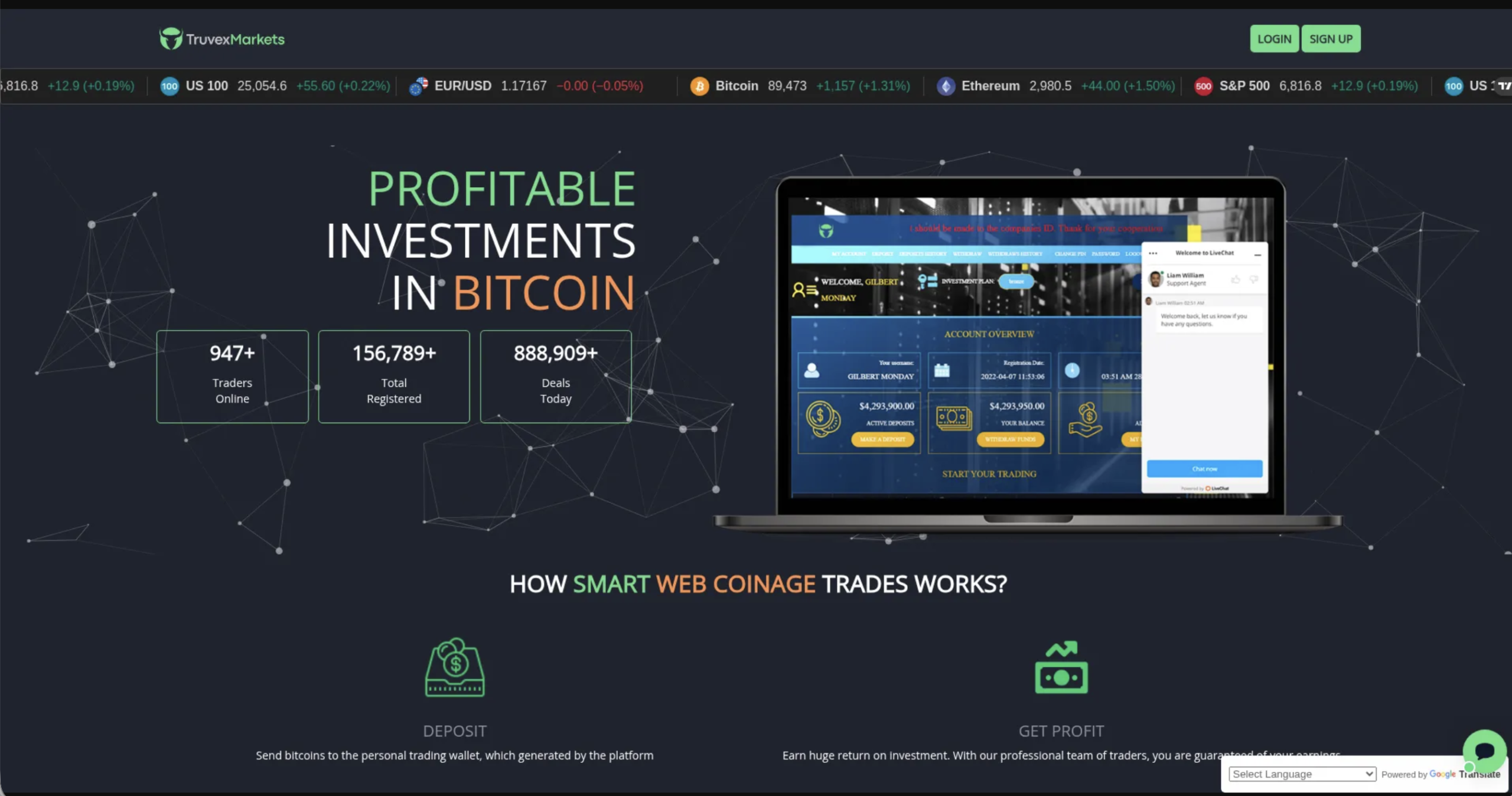 Truvexmarkets.cc website homepage with trading platform warning