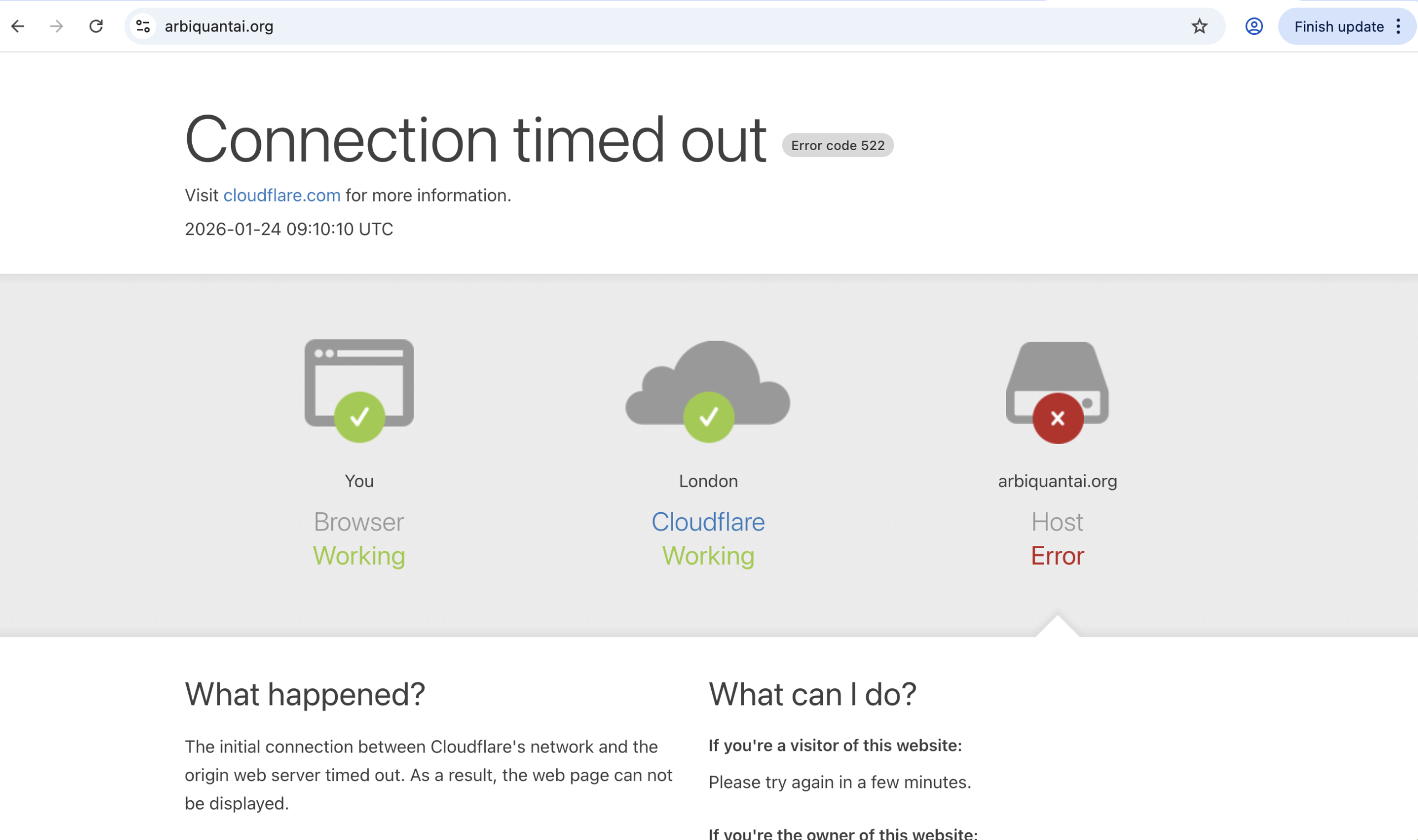 Screenshot of ArbiQuantAI.org website showing investment offers and warnings about lack of regulation and withdrawal problems.