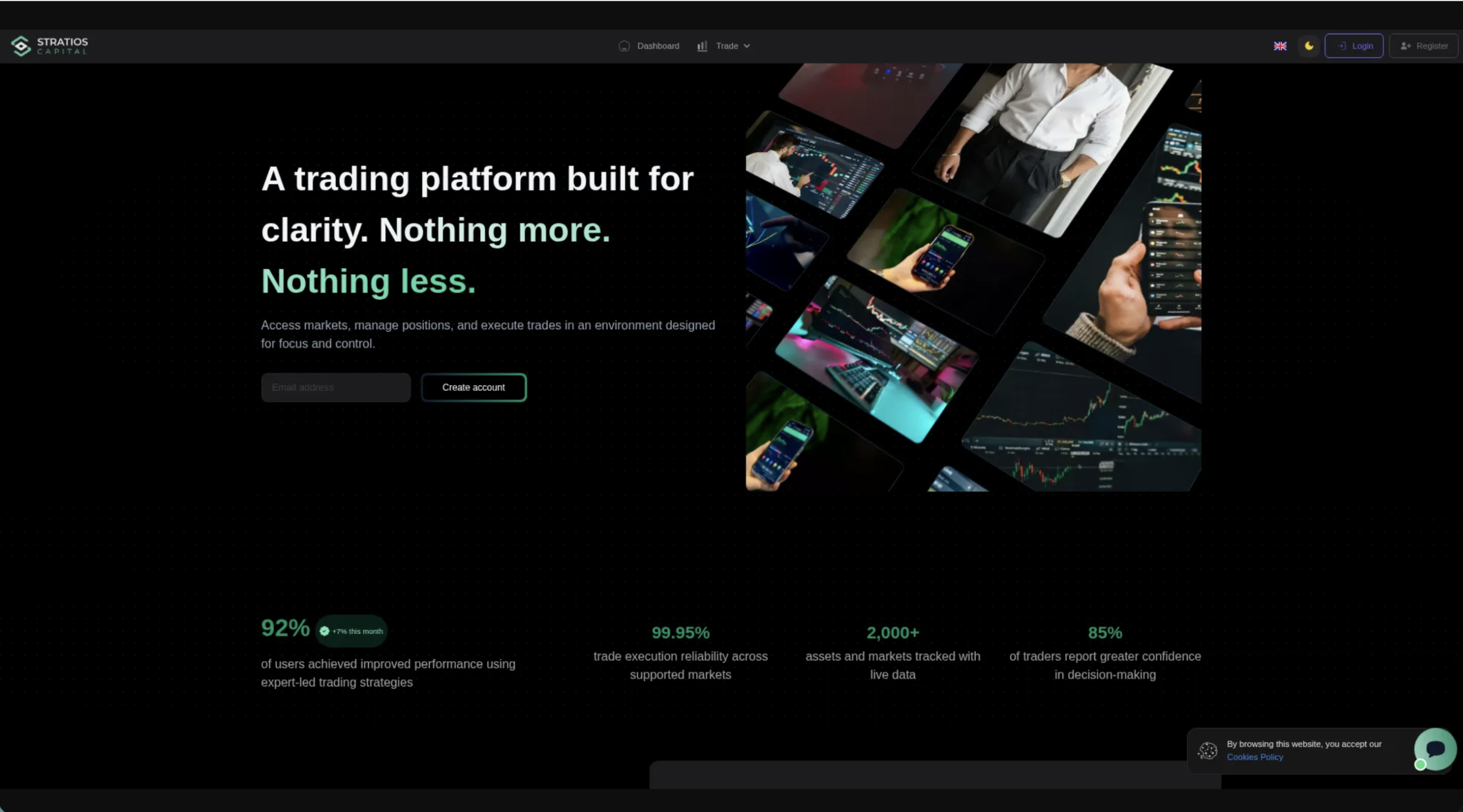 Stratos Capital logo and trading platform interface overview.