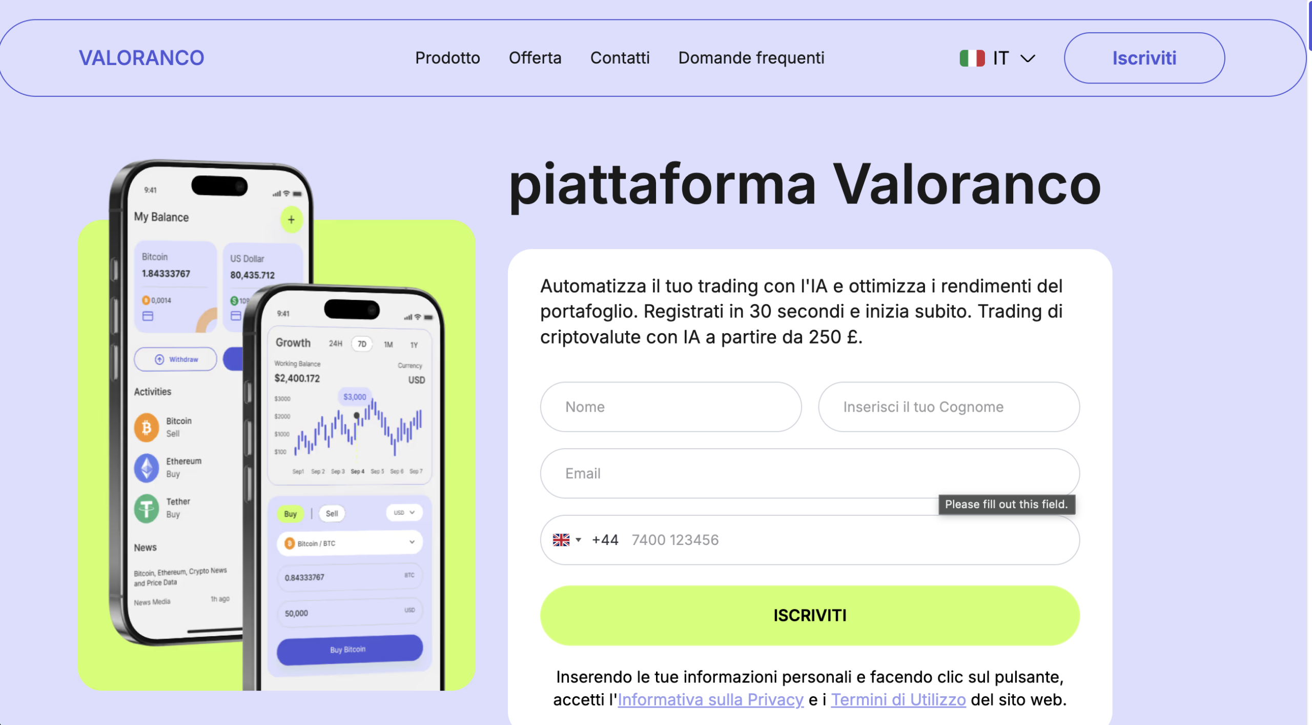 Screenshot of Valoranco.com homepage showcasing investment opportunities and bold profit claims.