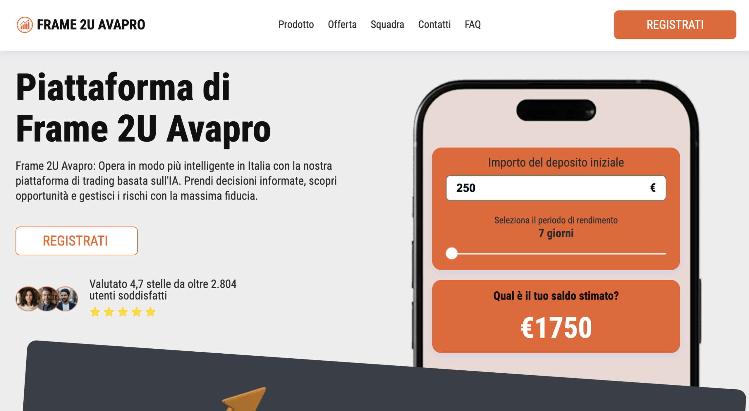 Screenshot of the Frame-2u Avapro website homepage, showcasing investment promises and user interface design.