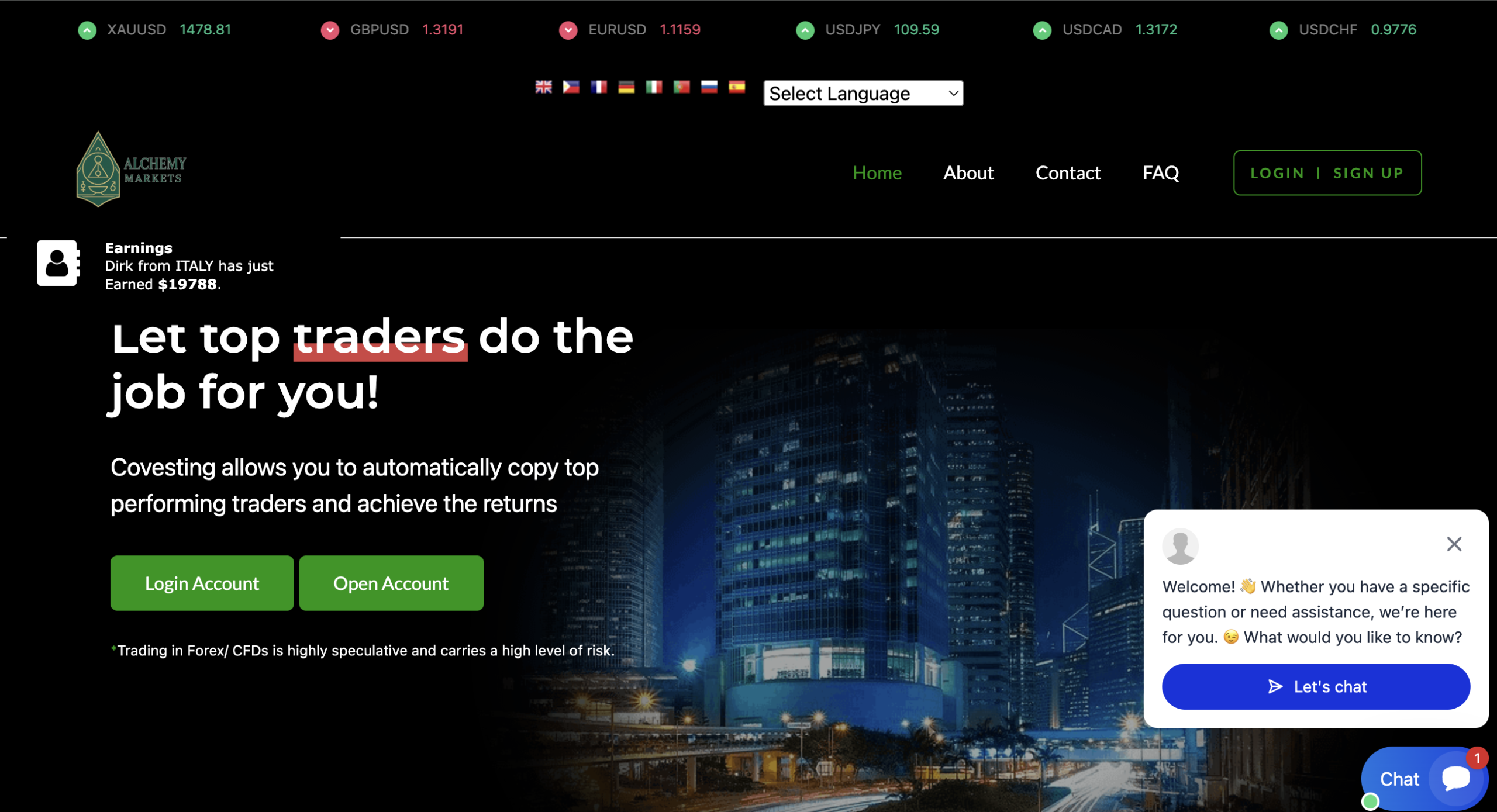 Screenshot of the AlchemyXMarkets.com homepage, showcasing investment offers and user testimonials in a sleek, modern design.