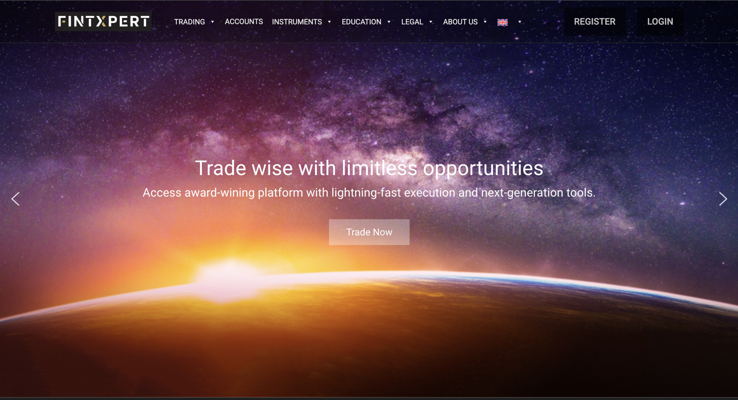 Screenshot of the Fint-Xpert.com homepage, displaying trading options and user testimonials in an appealing, modern layout.