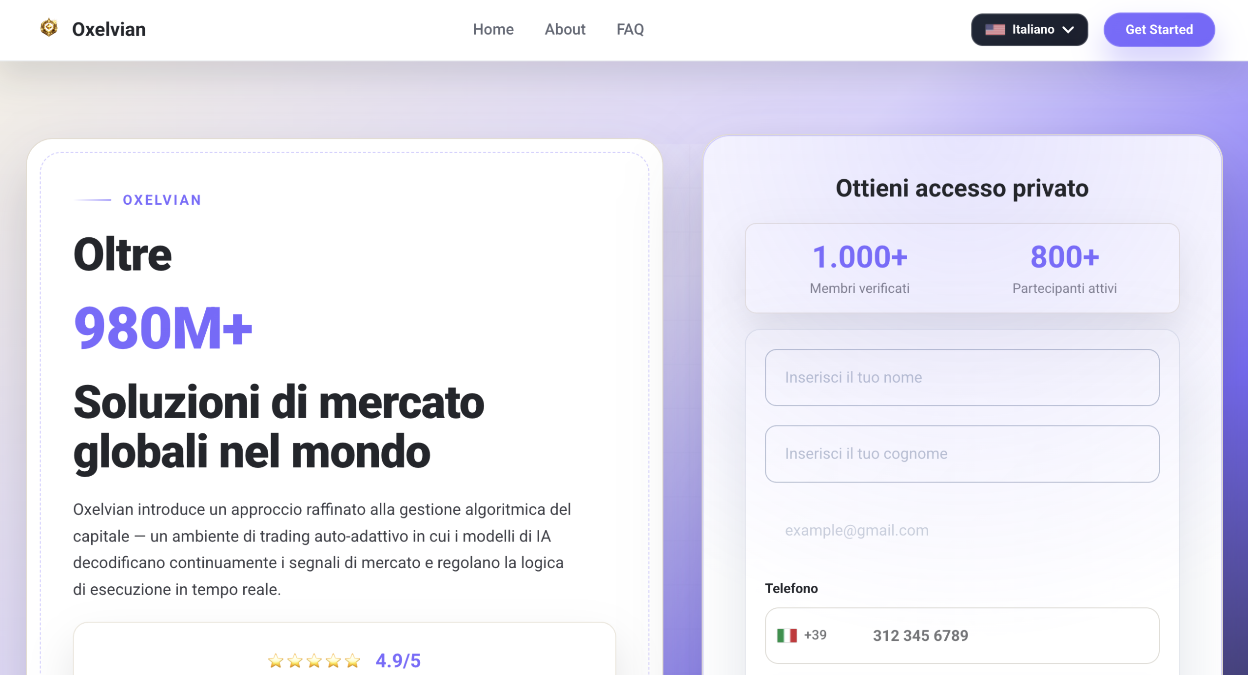 Screenshot of the Oxelvian.it homepage, displaying investment opportunities and user testimonials in a professional layout.