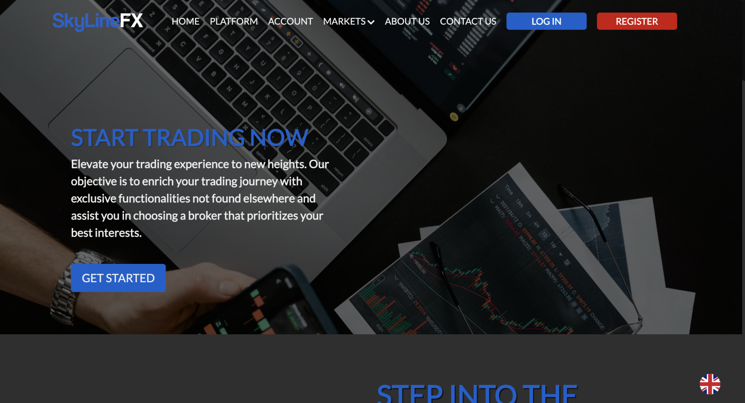 Screenshot of SkylineFX.co homepage showcasing the trading platform's features and offerings.