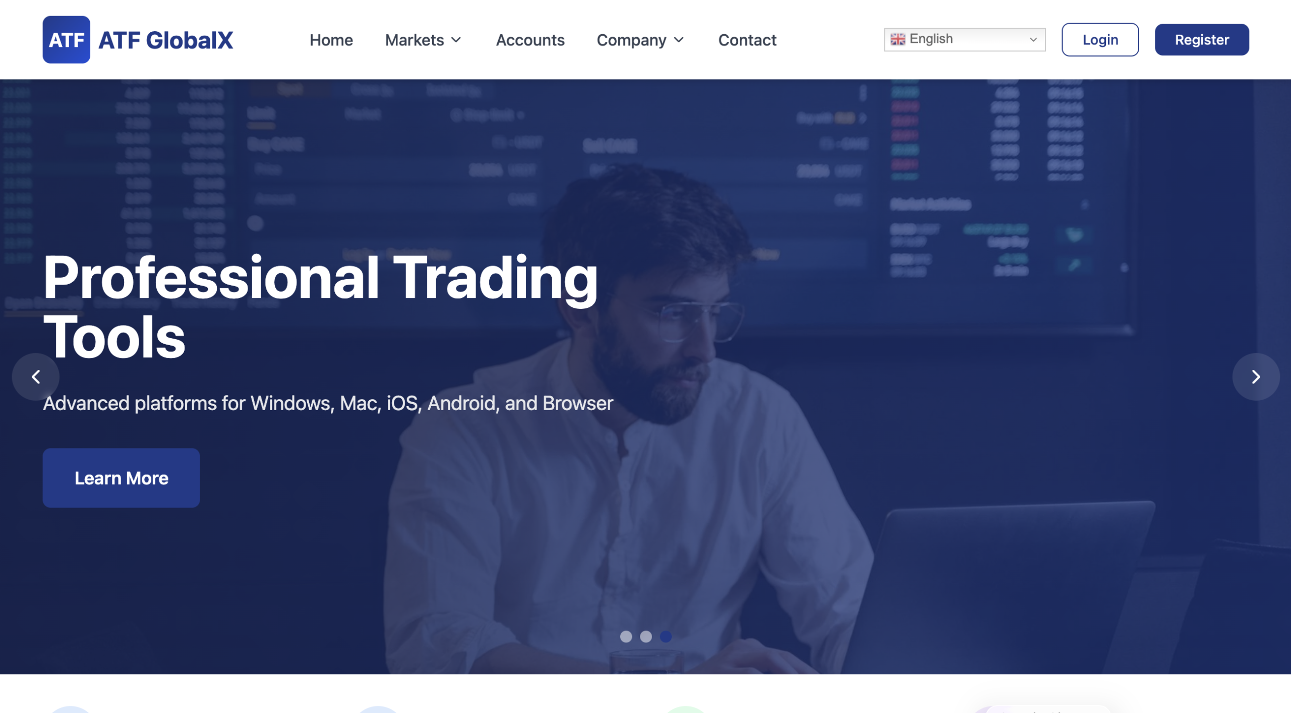atfglobalx.co website homepage showing trading platform interface and investment options