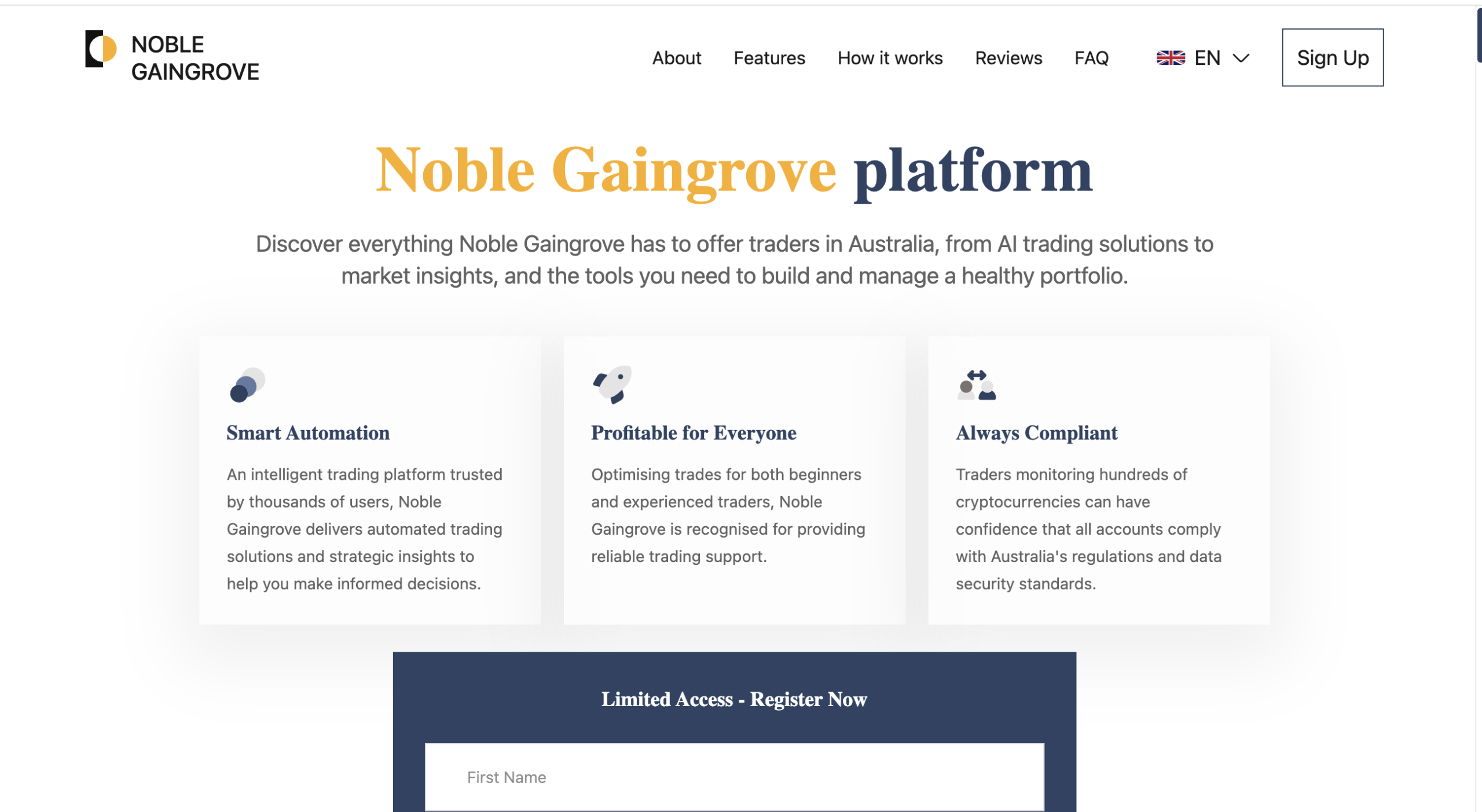 A person evaluating Noble-GainGrove.com on a laptop, emphasizing the importance of caution and informed decision-making in online investments.