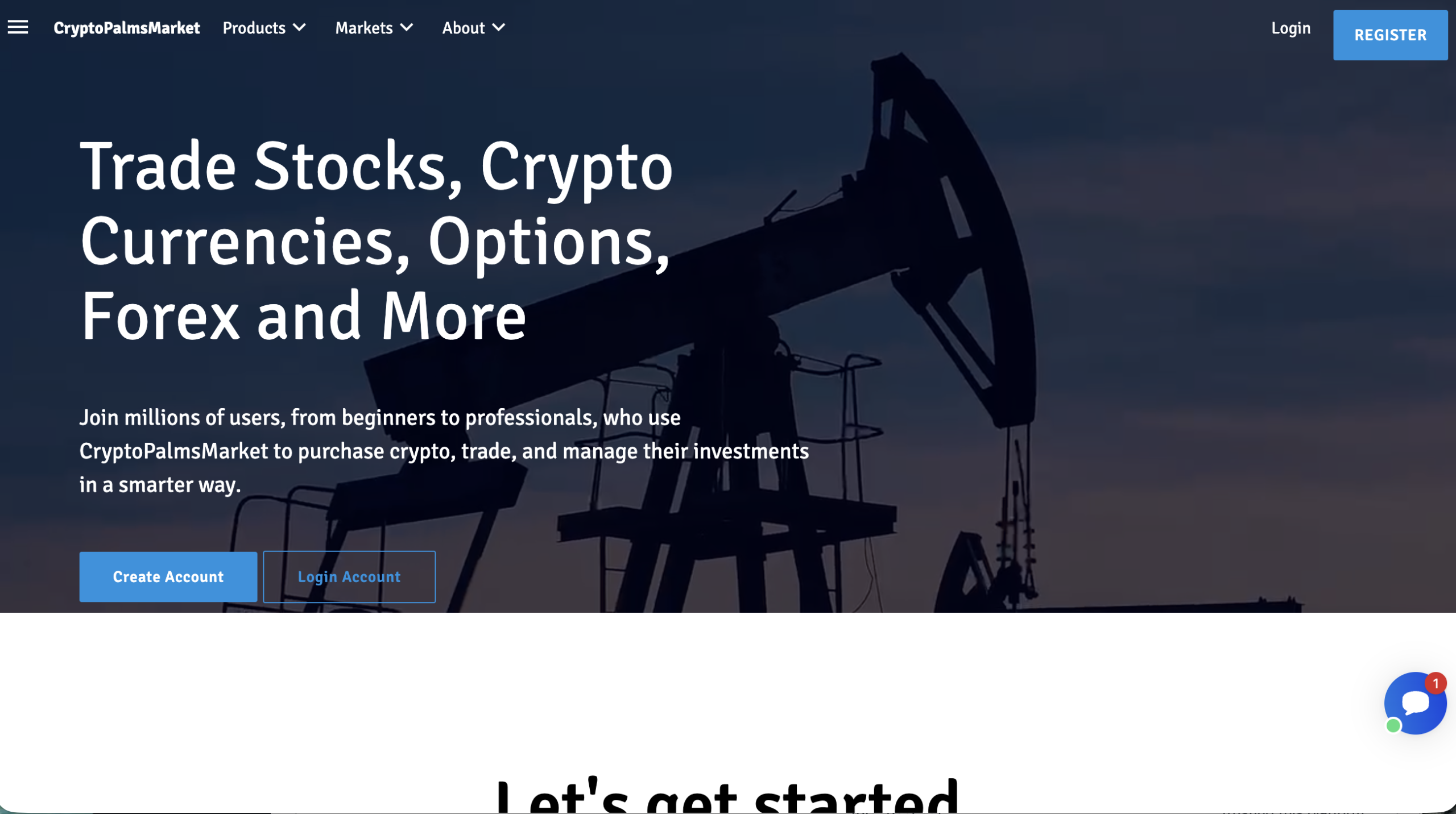 Screenshot of Cryptopalmsmarket.com homepage showcasing flashy graphics and bold promises of high returns from cryptocurrency trading.