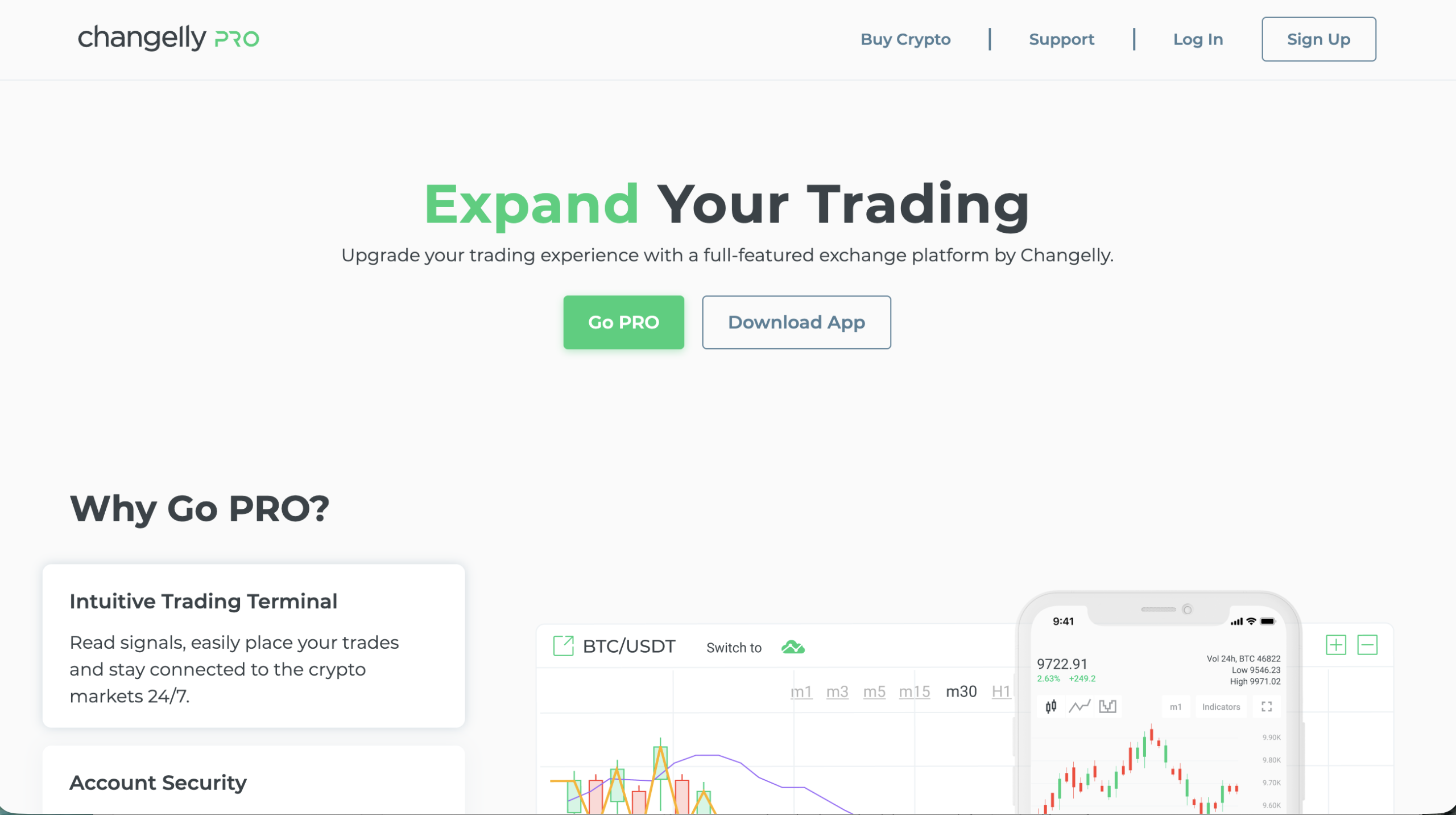 Screenshot of pro.changelly.com homepage showcasing its sleek interface and bold claims of high returns in cryptocurrency trading.