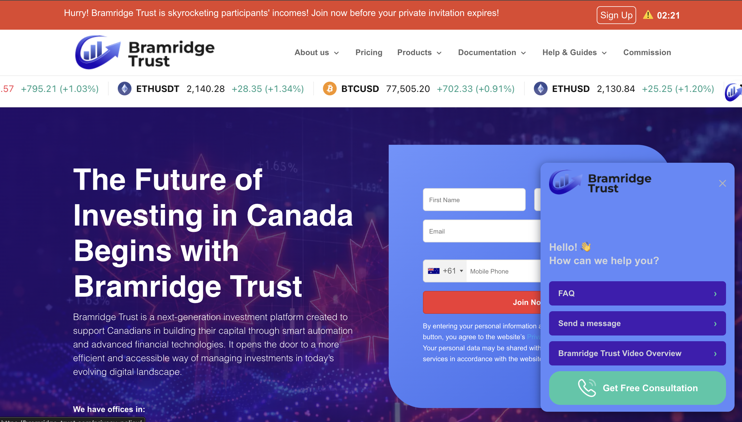 bramridge-trust.com Image of a caution sign overlaid on a computer screen displaying bramridge-trust.com, highlighting concerns about its legitimacy.